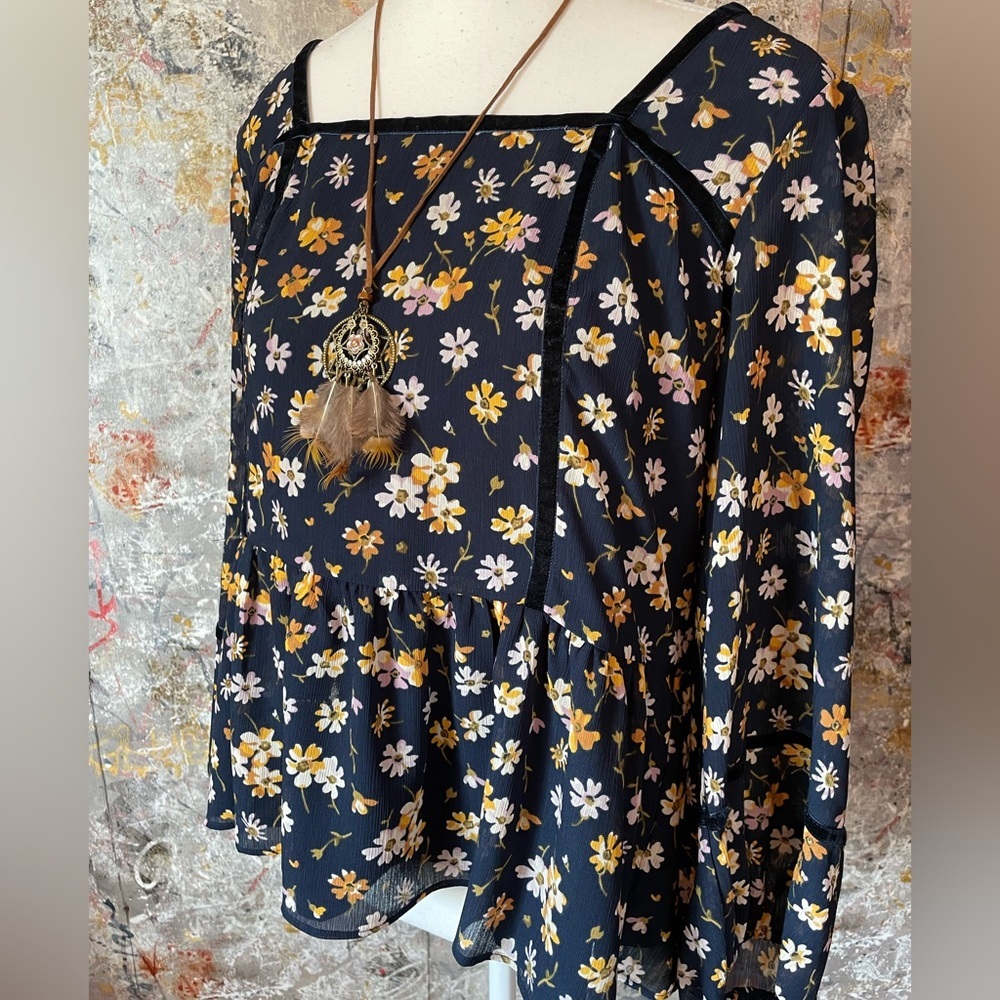 Madewell Black Floral Peasant Blouse